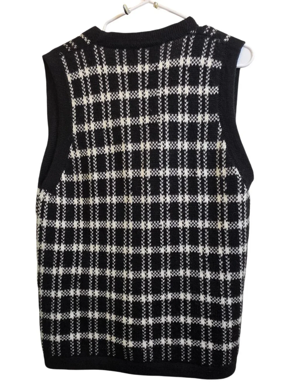 Alpaca Fina Black & White Plaid Handmade Soft Sweater Vest Buttons & Pockets L
